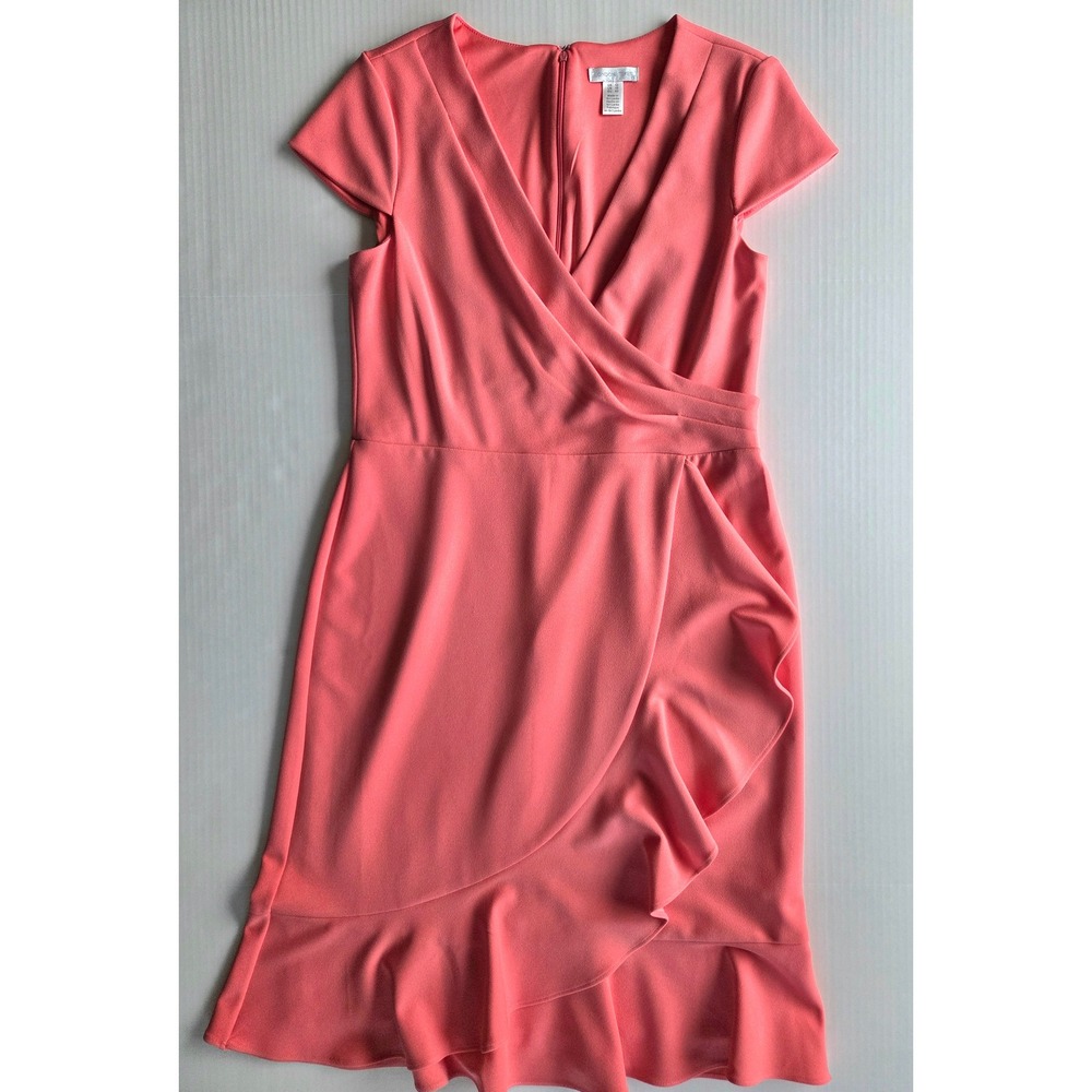 London Times Faux Wrap Dress Womens 12 Coral Pink Ruffle Hem Cap Sleeve V-Neck